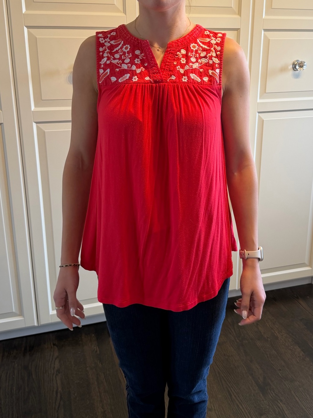 Dalia Red Sleeveless Embroidered Yoke Camisole